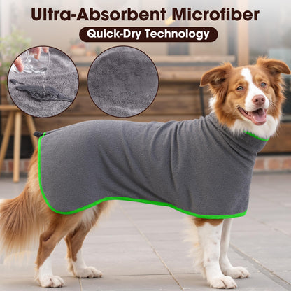 HezzLuv Microfiber Dog Drying Coat – Super Absorbent & Quick-Drying Dog Robe – Adjustable Fit for Medium to Large Dogs – Ideal for Bath, Swim & Wet Walks(Green, XL)