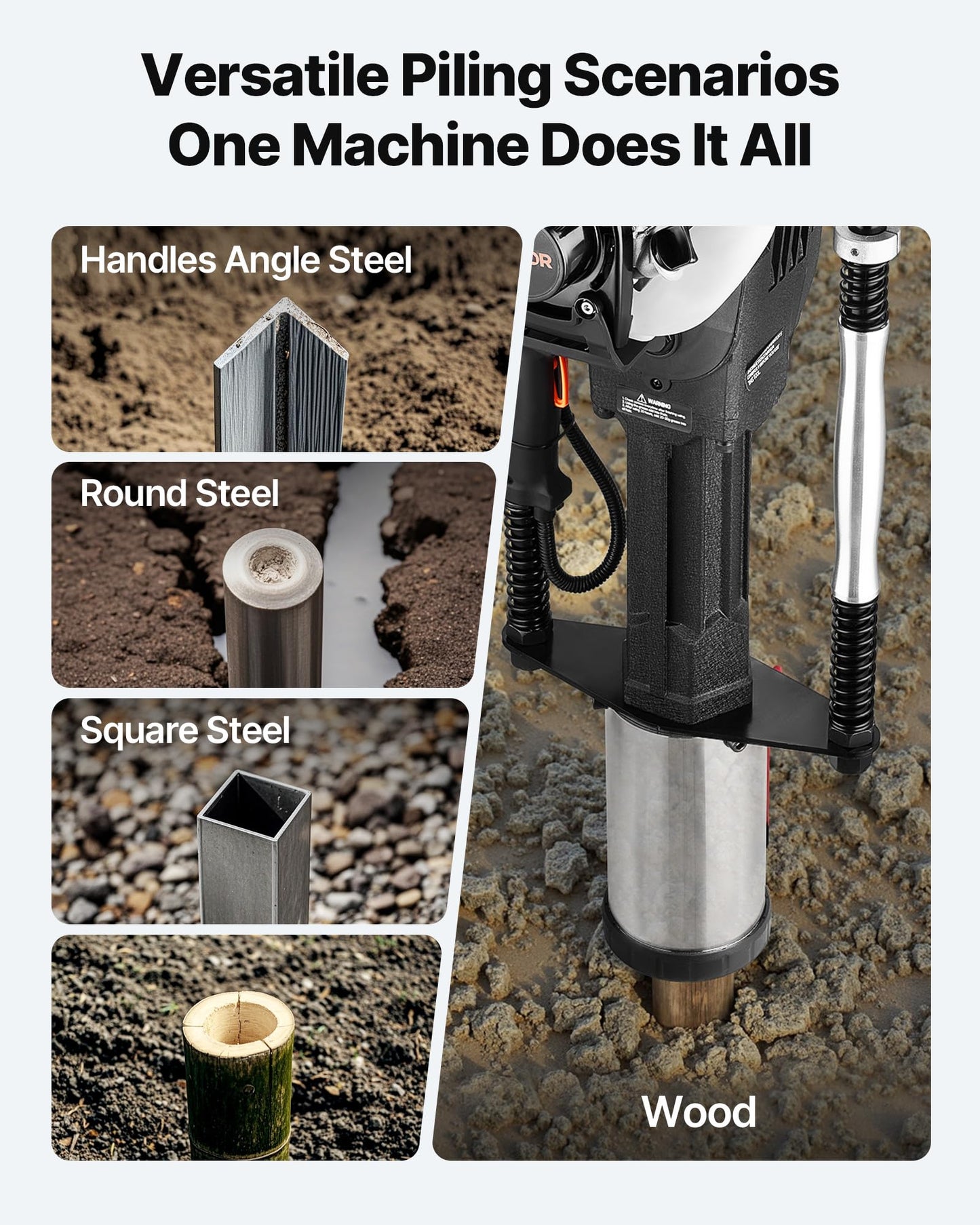 VEVOR Gas Powered T Post Driver, 37.7cc 4-Stroke Engine Efficient Post Pounder with 3 Piling Sleeves, Vibration-Reducing Handle, Heavy Duty Fence Pile Driver for Farm, Orchard, Road Work, Landscaping