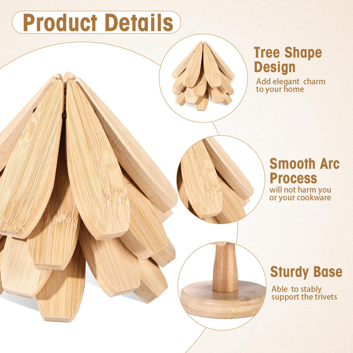 Wonderjune 4 Tree Trivet Set for Hot Dishes, 16 Wooden Trivets and 4 Stands, 2 Sizes Foldable Tree Shaped Coasters Decorative Hot Pad Mat Kitchen Table Decor for Pans, Pots, Cups(Bamboo Wood)
