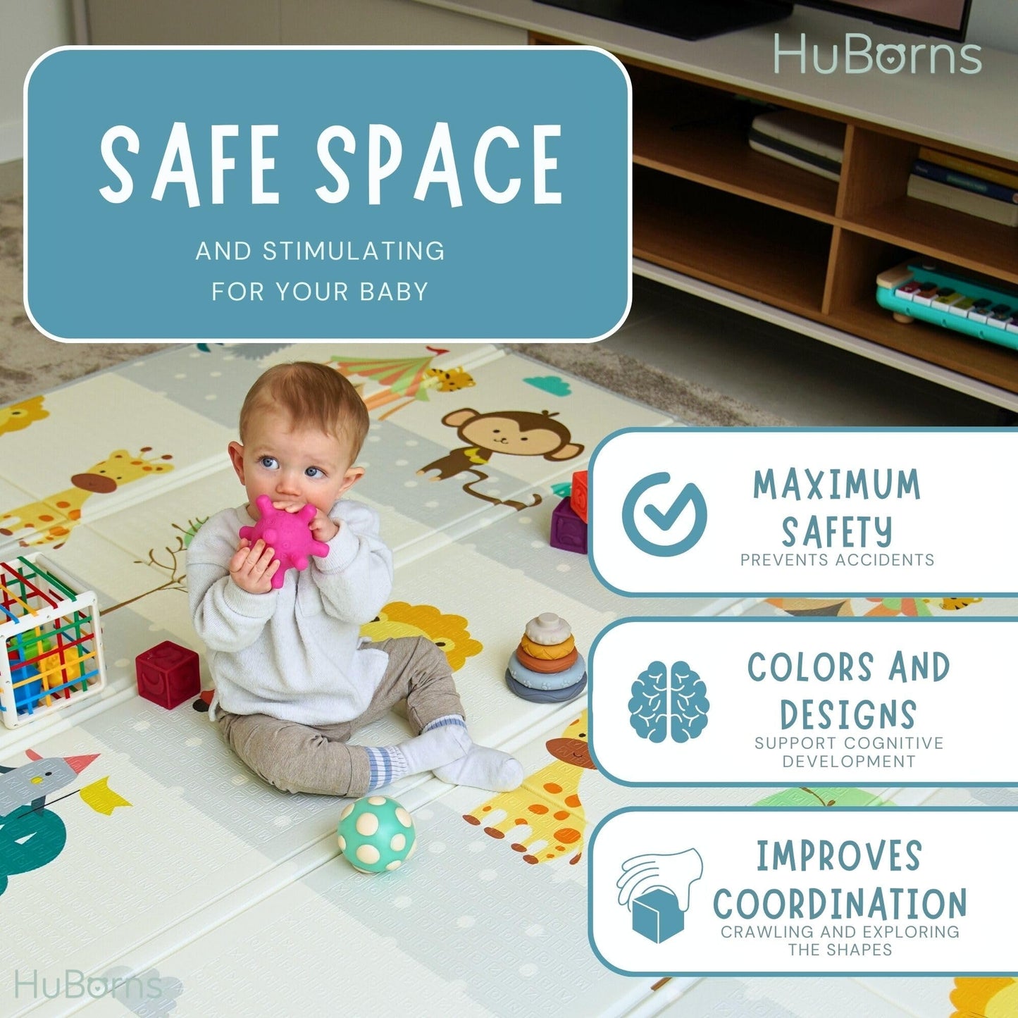 HuBorns - Foldable Baby Play Mat 200x180 cm - Reversible and Padded Baby Foam PlayMat with Stitched Edges - Waterproof Baby Mats for Floor Play - Anti-Fall Thick PlayMatt (Animals)