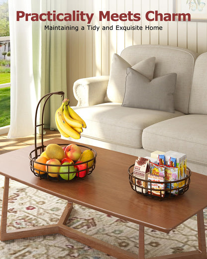 Sevenblue 2 Tier Large Fruit Basket for Kitchen Counter with Removable Banana Hanger - Sturdy Iron Fruit Bowl for Kitchen Counter and Vegetable Holder, Fruit Holder for Kitchen Countertop, Brown