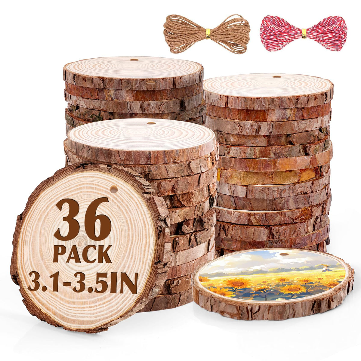 36 Pack Nature Wood Slices for Crafts,3.1-3.5In Unfinished Natural Wood Rounds.Wood Circles Predrilled with Hole and 20m Rope for Wooden Craft Supplies,Painting,Wooden Ornaments,DIY Gifts