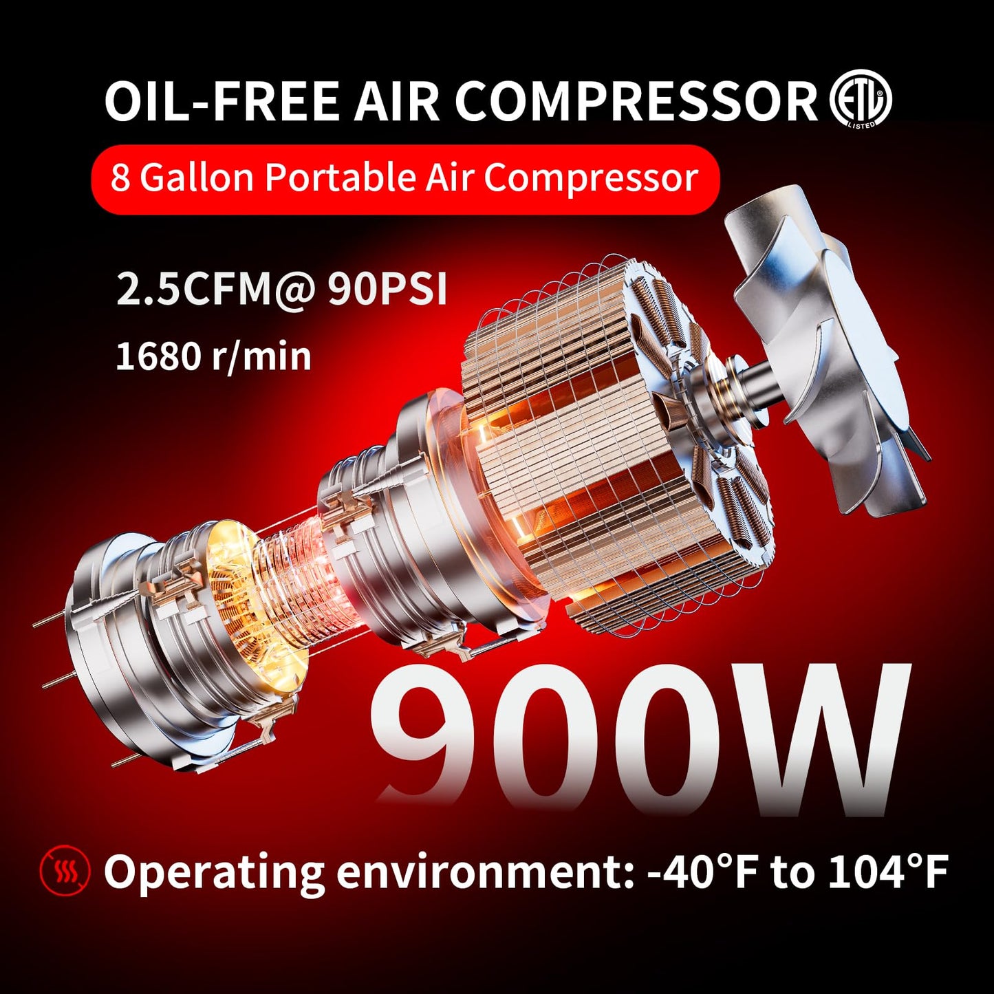 8 Gallon Portable Air Compressor 1HP 2.5 CFM@90PSI 60dB Ultra Quiet Oil Free Air Compressor Ideal for Tire Inflation Pneumatic Tool Spray Painting