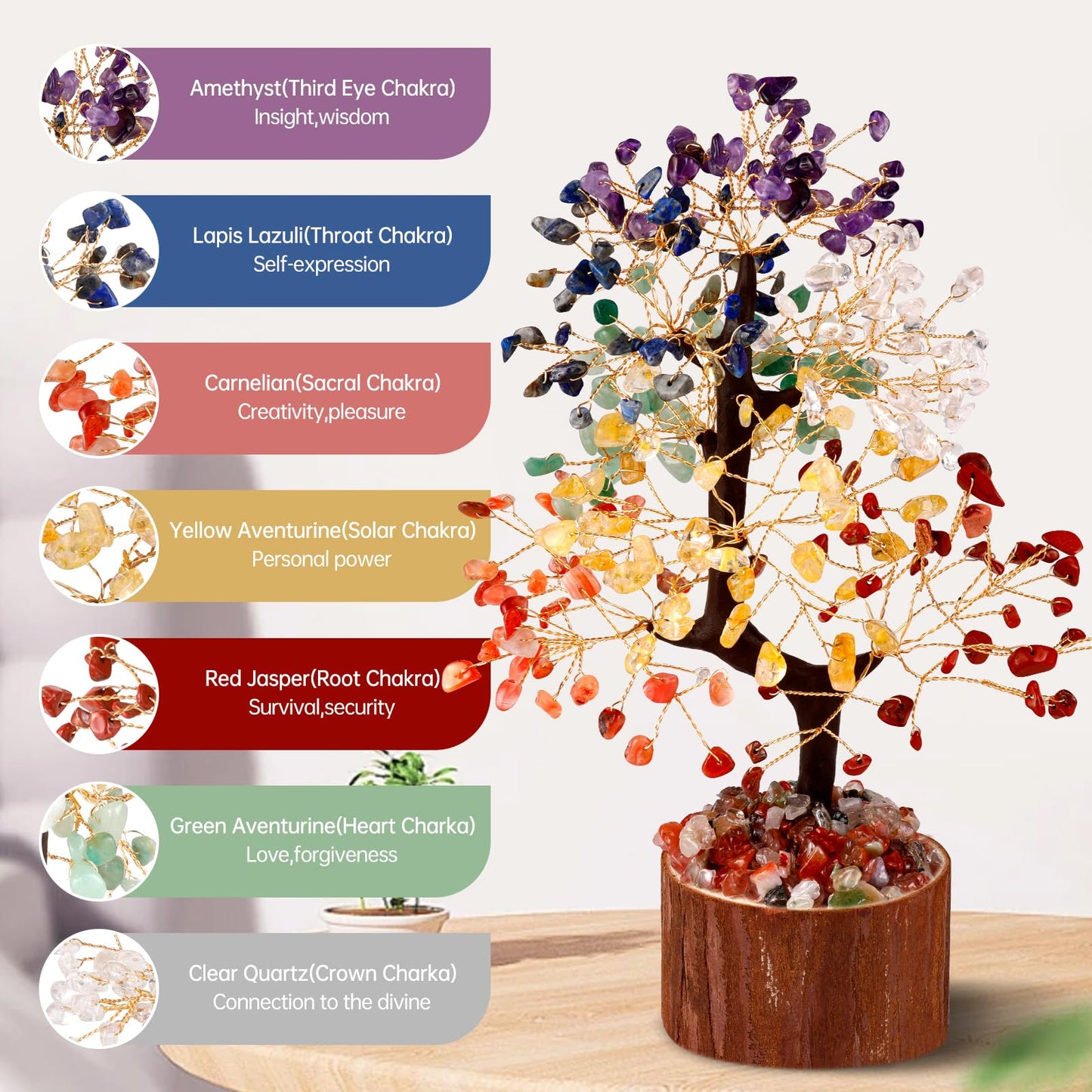 Hazms 7 Chakra Crystal Tree of Life - 8.7 Inches Healing Crystal Tree and 7 Crystals Office and Home Decor Positive Energy Seven Chakra Trees and Healing Stones Spiritual Birthday Gifts for Women