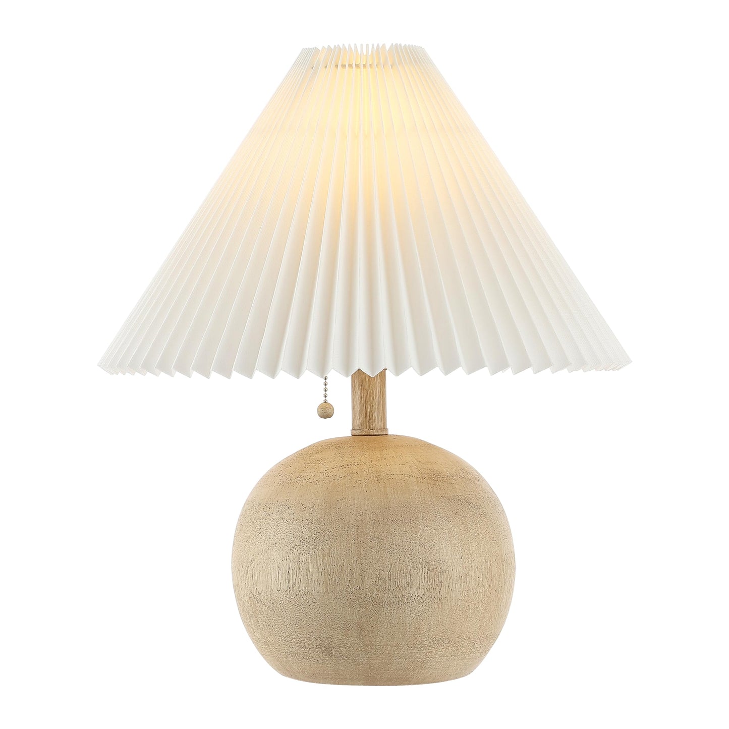 JONATHAN Y 17.25" Beige Wood Finish/White Sphere Table Lamp, Mid-Century Bedside Nightstand with Beige Pleated Linen Shade, Scandinavian Coastal Style, LED Bulb Included (JYL1145B)