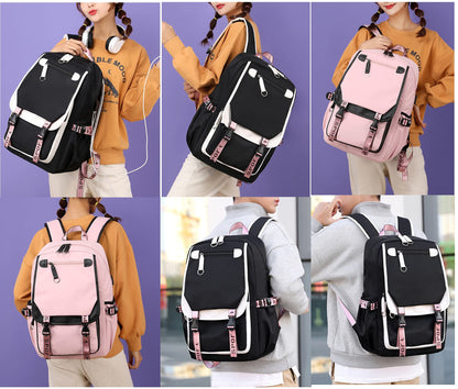 SellerFun Teenage girls' Backpack Middle School Students Bookbag Outdoor Daypack With USB charge Port (4# White Black, 21 Liters)