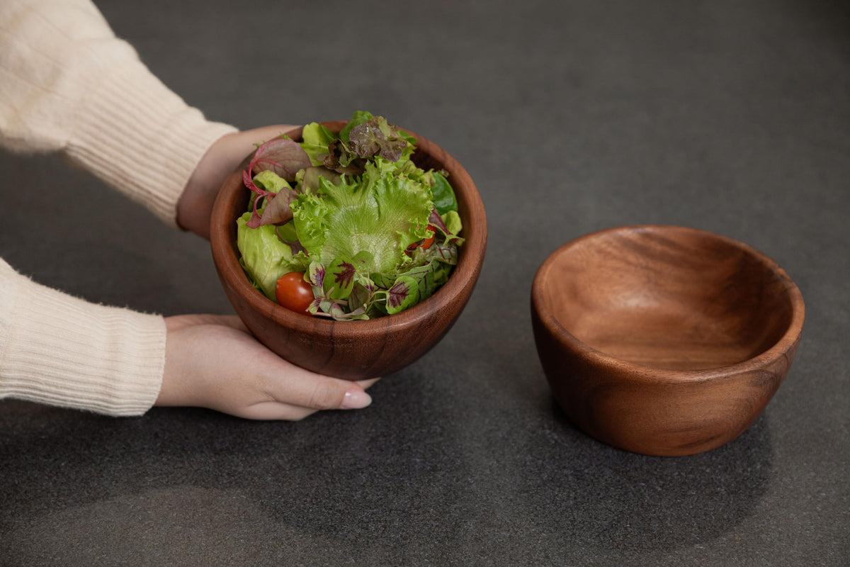 Acacia Wooden Salad Bowls (Set of 2): 6" x 3" Individual Wood Serving Bowls for Fruits, Cereal, Salads or Snacks - Handmade from a Single Organic Piece of Acacia Wood, Food Safe