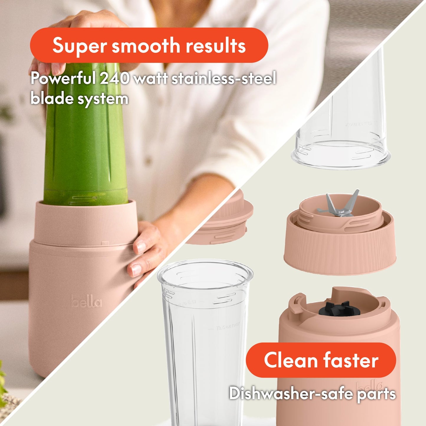 bella 6 Pcs Portable Rocket Blender, Juicer & Smoothie Maker, Press & Twist Design, EverGood™ & BPA Free Dishwasher Safe Parts, 4 Tip Stainless Steel Blade, Cord Wrap, 240 Watt Motor, Oatmilk