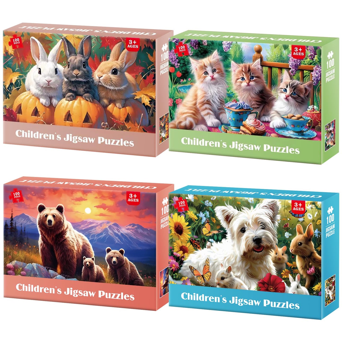 Jeacirio 4 Packs 100 Piece Puzzles for Kids Ages 4-6 - Lovely Animals Large Piece Jigsaw Puzzles for Seniors Educational Toys Gifts Kids Puzzle for 4 5 6 7 8 9 Year Olds Boys Girls