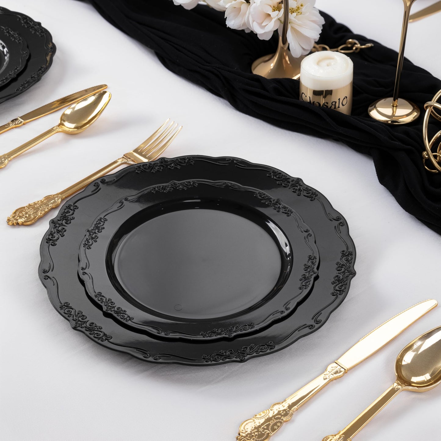 DaYammi 60PCS Black Plastic Plates, Heavy Duty Black Disposable Plates Premium 7.5 inch Dessert Cake Salad Appetizer Plates Hard Plastic Plates Disposable for Halloween Party
