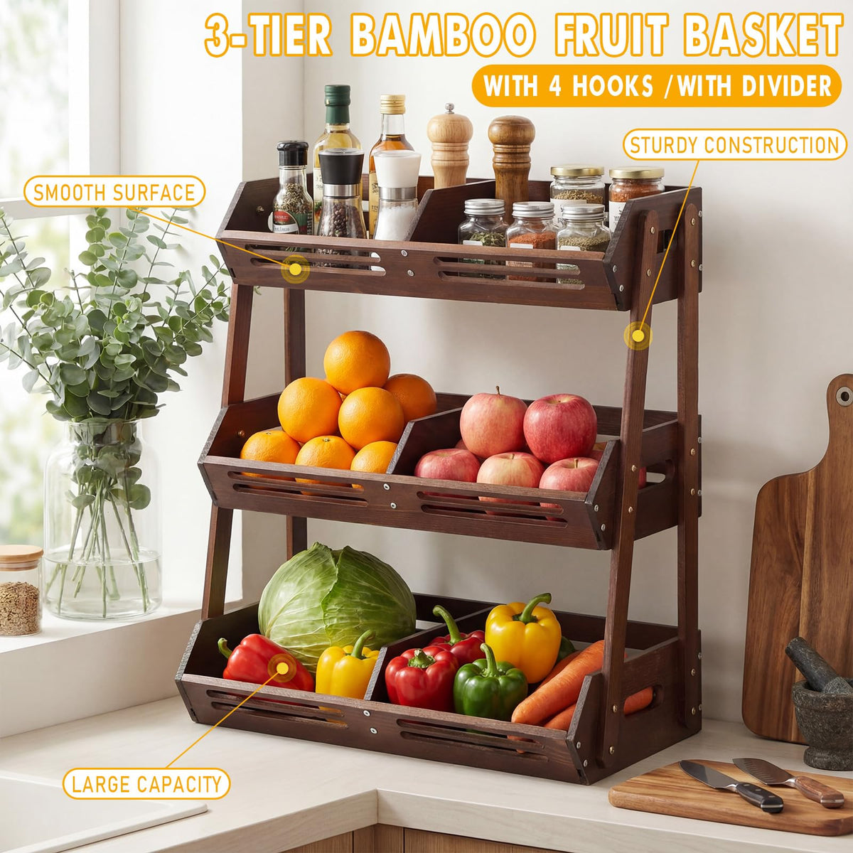 Briwooody 3 Tier Fruit Basket for Kitchen Counter Fruit Storage Large Wood Vegetables Basket with Banana Hooks Bowl Stand Holder Snack Organizer Countertop Onion Bread Pantry
