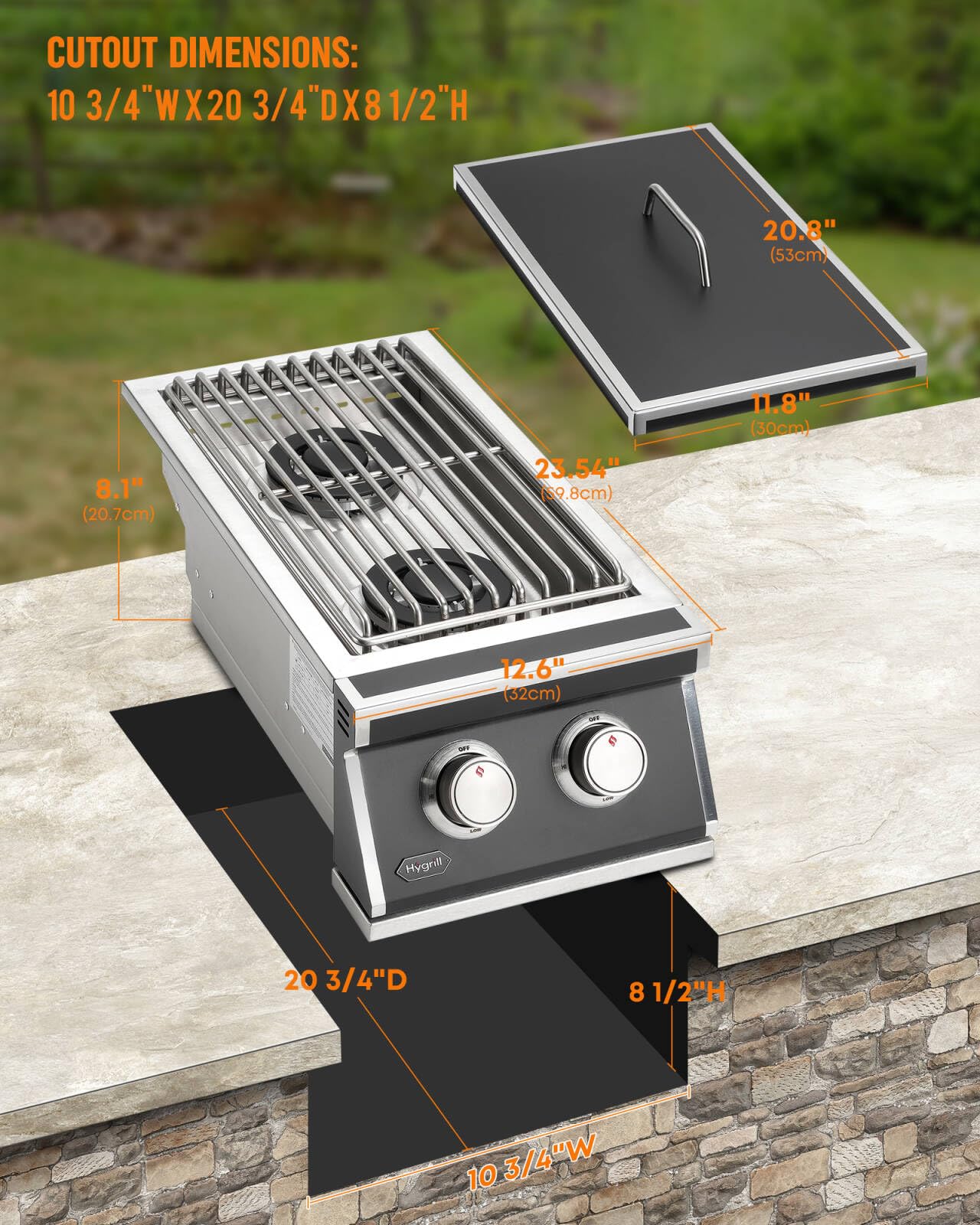 Stanbroil Hygrill Double Grilling Side Burners, 2 x 12,000BTU Natural Gas Burners for Outdoor Kitchen, Duty Heavy 304 Stainless Steel Built-in Burner for Outdoor BBQ Grill Island, Black