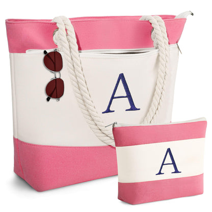 YOOLIFE Birthday Gifts for Women - Mothers Day Gifts, Beach Bags for Women, Pink Beach Bags Waterproof Sandproof Initial Canvas Tote Bag Mom Girlfriend Teacher Sister Friend Female Her Gift Idea A