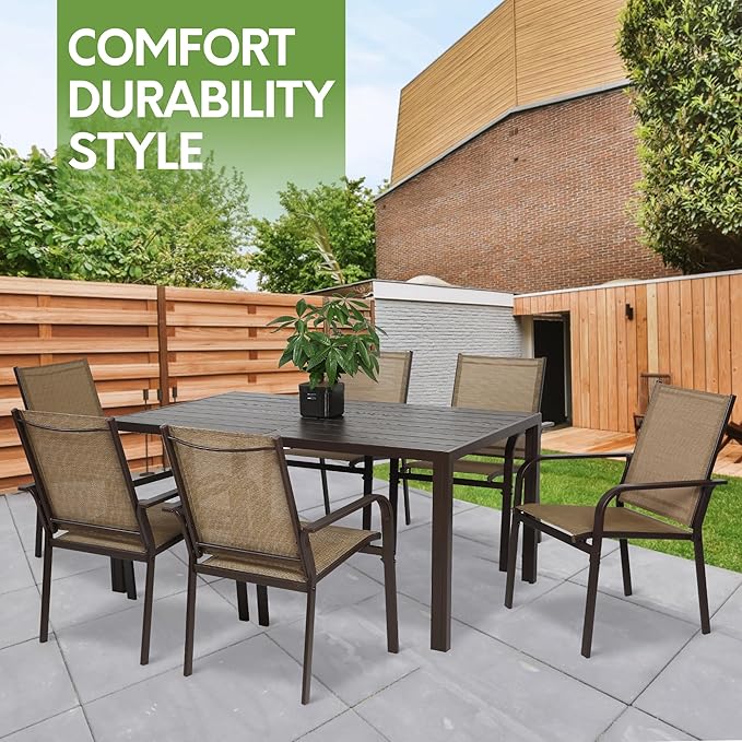 7 Piece Patio Dining Set for 6, 6 Stackable Textilene Chairs and 1 Dining Table Outdoor Furniture Set, Brown