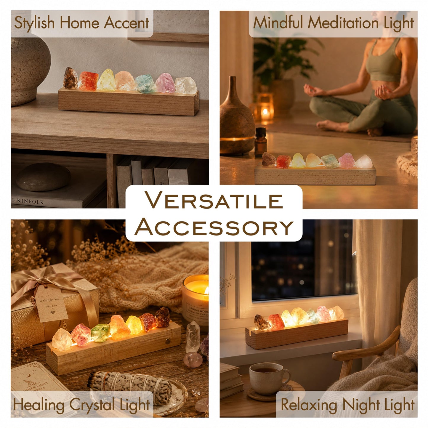 HYAMVOR Healing Crystal Night Light, 7 Chakra Natural Bedside Lamp with Wooden LED Light Base, Healing Stones Positive Energy Night Lights for Home Decor Gifts (Rechargeable)