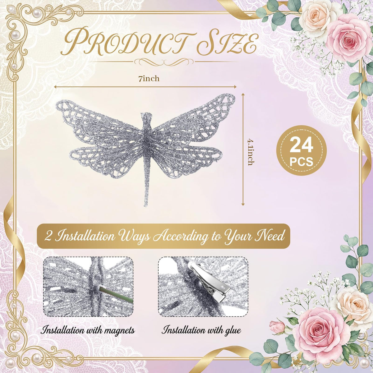 Motionchic 24 Pcs Glitter Dragonfly Decorations, Silver 3D Dragonfly Wall Decor with Clips Stem for Spring Summer Garden Party Wedding, Glitter Dragonflies for Floral Arrangement DIY Craft