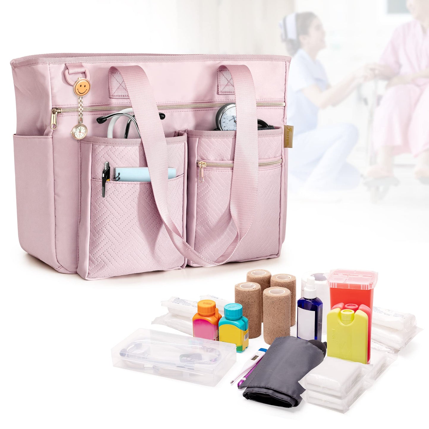 Fasrom Nurse Tote Bag for Work Nurses with Laptop Sleeve, Home Health Clinical Bag for Nursing Students and Medical Assistant, Pink (Patent Pending)