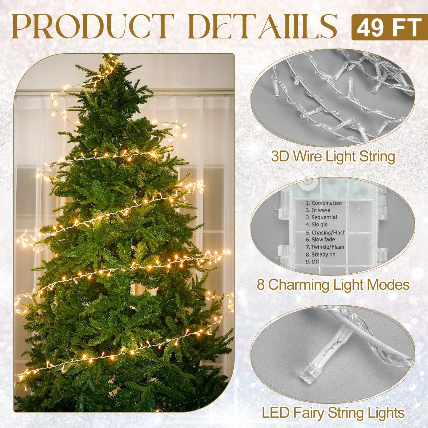 Mudder 49 ft Christmas Tree Ring Lights with Clear Ornaments Acrylic Hummingbird Snowflake Star Icicle and Iron Wire 300 LED Crystal Garland Fairy Lights for Indoor Xmas Tree Winter Party Decor
