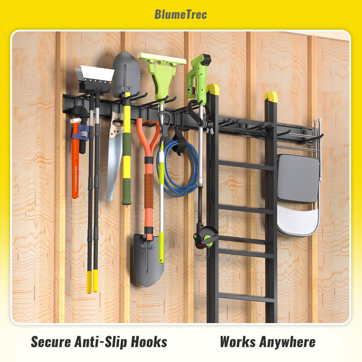 BlumeTrec Garage Tool Organizer Wall Mount, 48" Heavy-Duty Metal Wall Organizer, 3 Rails with 6 Adjustable Hooks, Garden Storage Rack for Organization Sturdy Tool Hanging Holder for Shovel Shed Yard