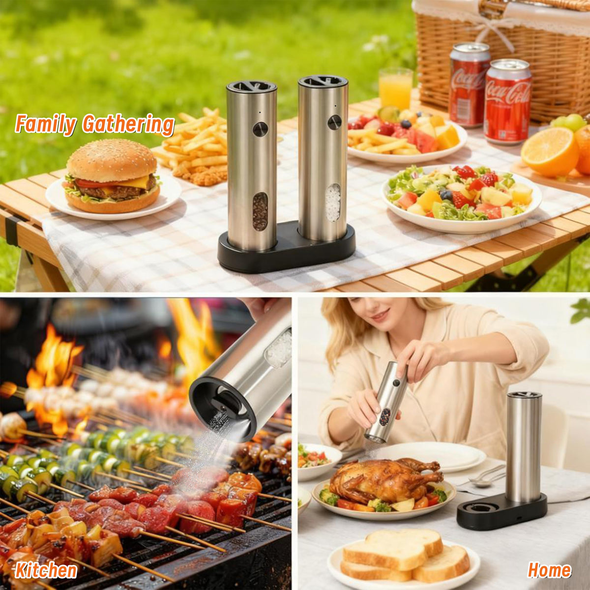 Candlejeeft Electric Salt and Pepper Grinder Set,Rechargeable,Adjustable Coarseness,LED Light with Dual Charging Base,110ml Upgraded Large Capacity,Top-Refill,Stainless Steel Automatic Pepper Shakers