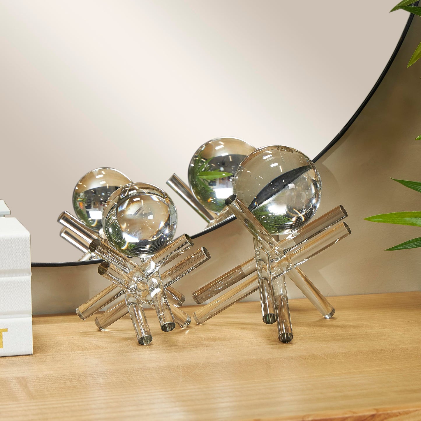 Deco 79 Crystal Abstract Decorative Sculpture Jack Inspired Home Decor Statues with Clear Resting Orbs, Set of 2 Accent Figurines 8", 7"H, Clear