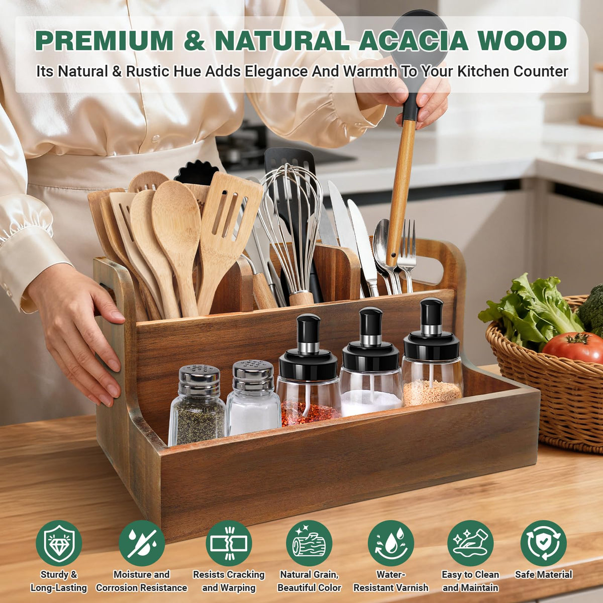 LAGOUPICK Kitchen Utensil Holder for Countertop with 4 Compartments Acacia Large Utensil Holder Wooden Storage for Cooking,Baking,Flatware Tool Kitchen Utensil Organizer