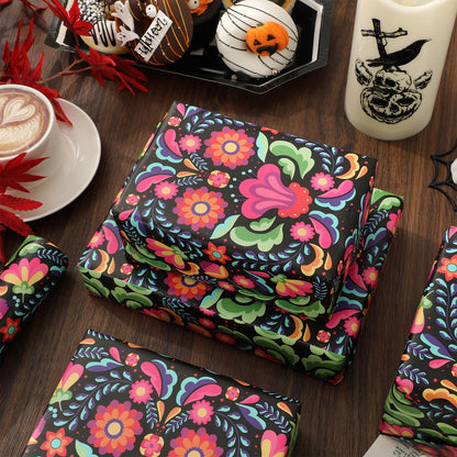 JarThenaAMCS Halloween Wrapping Paper -Mini Roll- 17in x 32.8Ft Day of The Dead Mexican Floral Gift Wrap Paper for Party Wrapping Supplies