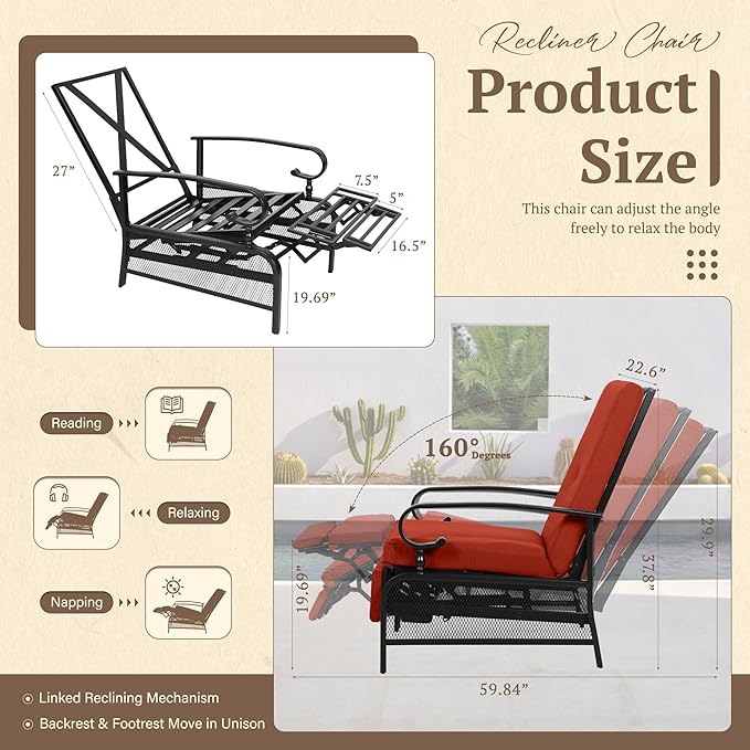 Oakcloud Adjustable Outdoor Lounge Chair Metal Patio Relaxing Recliner Chair Set with Bistro Table and Removable Cushions(Red)