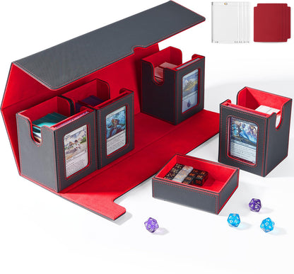 UAONO Card Deck Box for MTG with Commander Display, 5 in 1 Card Deck Case Holds 800+ Unsleeved Cards, Strong Magnet Organizer Compatible with Yugioh TCG Sports Cards (Black&Red)