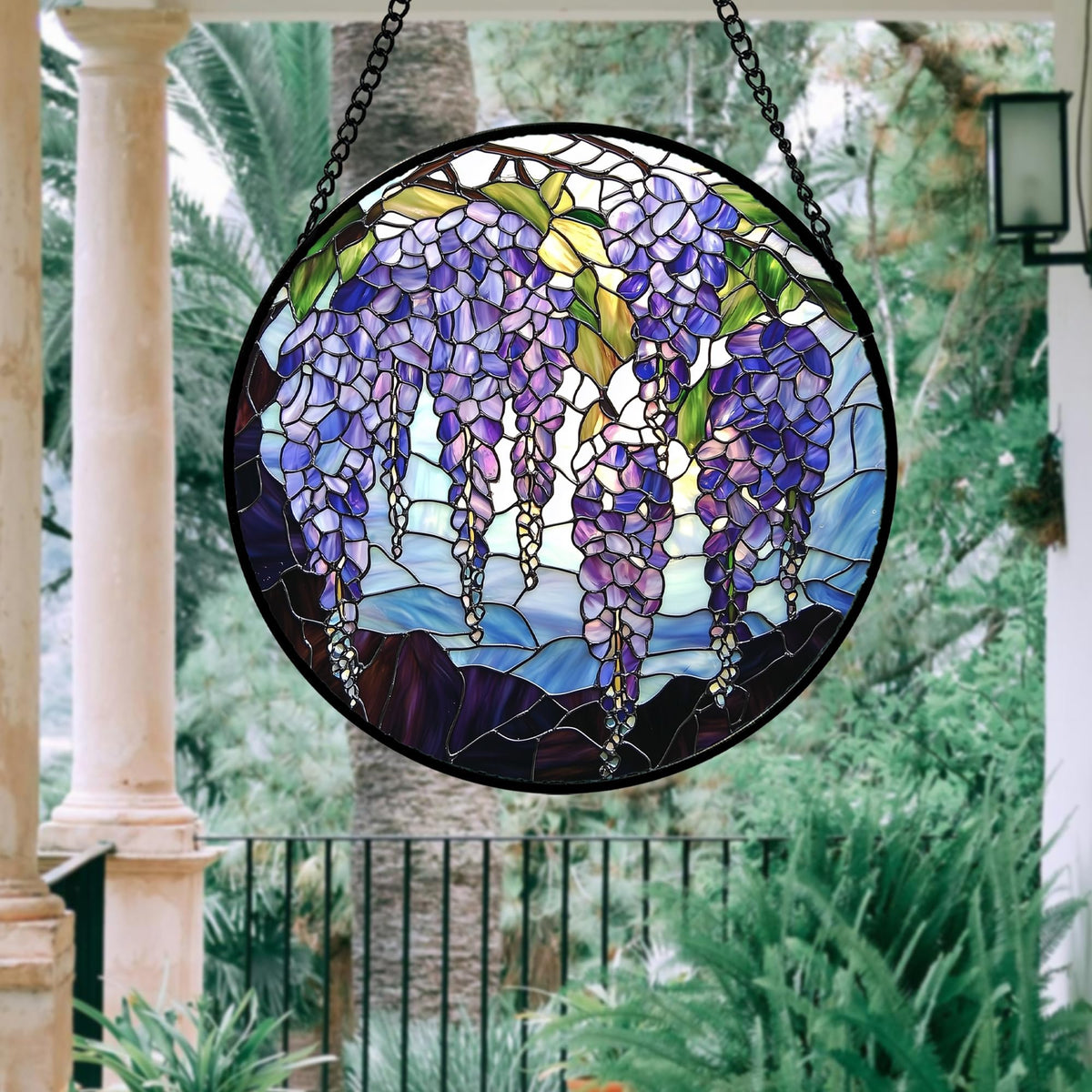 AMDERVEN Stained Glass Window Hanging, Wisteria Flower Sun Catcher for Door Home Decor Purple and Blue Suncatcher Christmas Mother's Day Birthday Gifts for Women Men Mom and Nana 9.8 in