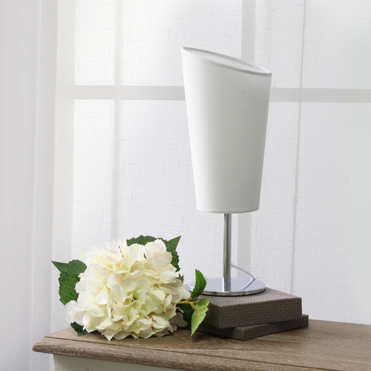 Simple Designs LT1208-WHT 12.4" Bright and Bold Mini Compact Chrome Table Lamp with Angled Fabric Shade, for Living Room, Bedroom, Office, White