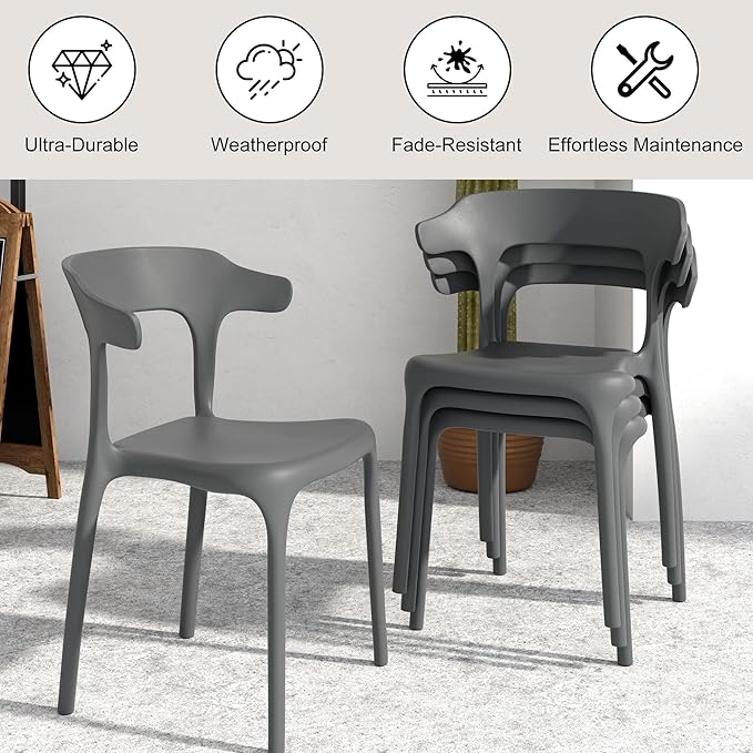 VECELO 4 Pack Plastic Stacking Chairs, Stackable Dining Chairs for Kitchen Restaurant Patio, Portable Indoor Outdoor Use, No Assembly Required, Gray