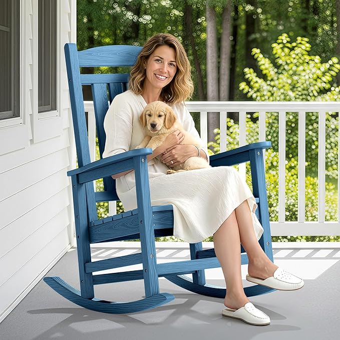 SERWALL Oversized Outdoor Rocking Chair, All-Weather Patio Rocking Chair, HDPE Porch Rocker for Adults, Blue