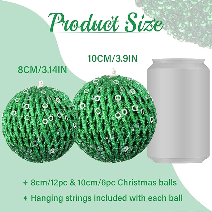 3.15" Christmas Ball Ornaments Glitter Shatterproof Christmas Tree Ornaments Sequin Xmas Hanging Balls Decorations for Wedding Party Holiday(Green, 12pc-8cm)