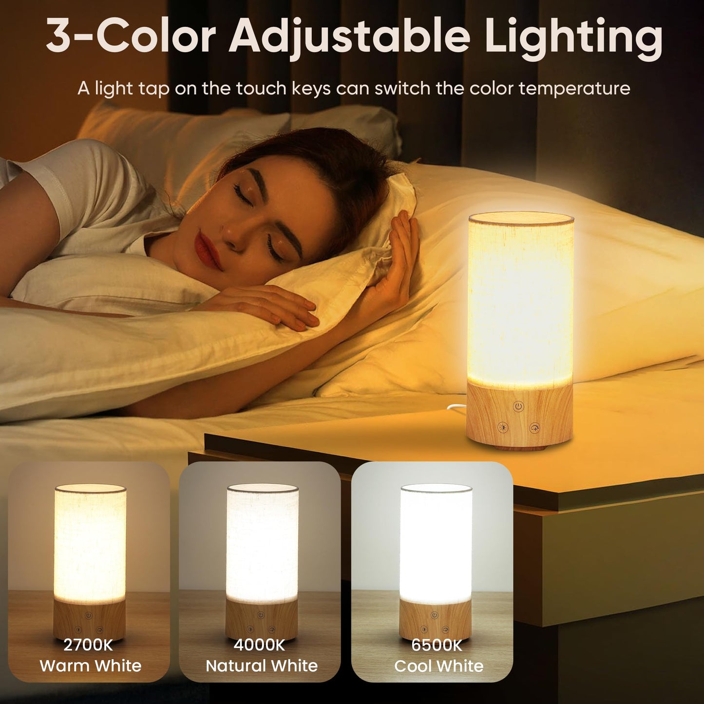 Caromolly Light Therapy Lamp, Happy Lamp 10,000 LUX UV Free with 3 Color Temperature & 5 Brightness Level, Full Spectrum Light Wood Base Round Flaxen Fabric Shade for Home, Office, 4" × 8.4”