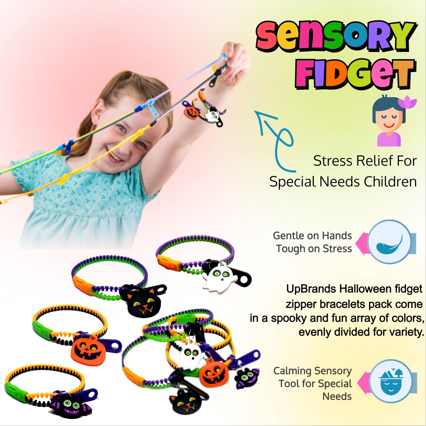 UpBrands 24-Pack Halloween Bracelets for Kids – Zipper Fidget Toys, Small Goodie Bag Stuffers, Party Favors, Trick-or-Treat Giveaways & Prizes