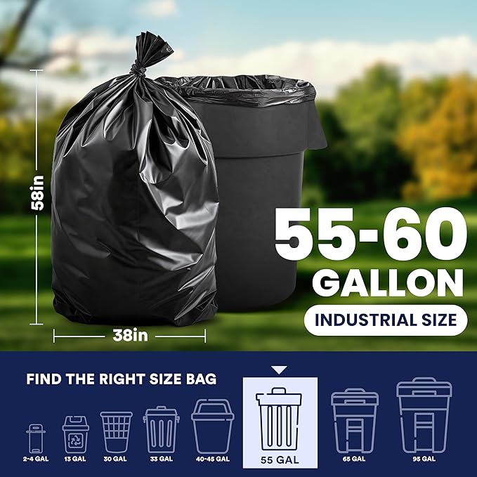 Plasticplace 55-60 Gallon Trash Bags, Heavy Duty, Puncture-Resistant Star Seal