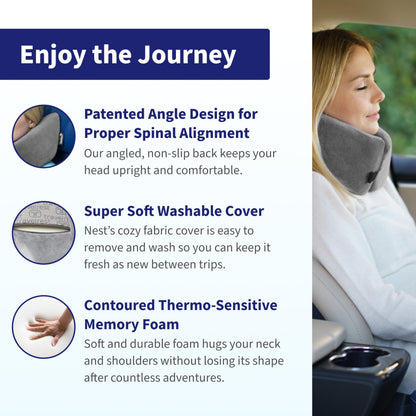 Travelrest Nest Memory Foam Travel Neck Pillow, Advanced Support for Long Flights, Patented Design for Optimal Relaxation, Compact, Ergonomic, and Washable, On-the-Go and Attacthes to Luggage - Gray