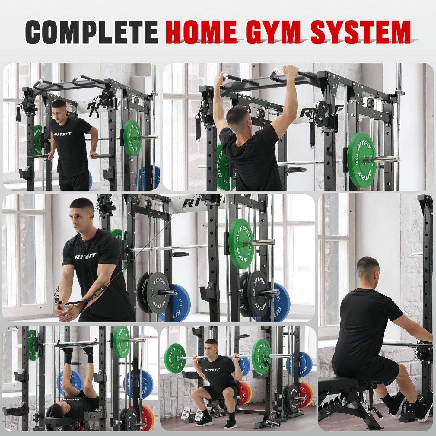 RitFit Buffalo Smith Machine, Power cage with LAT-Pull Down System & Cable Crossover System, All-in-One Squat Rack for Home Gym, Power Rack (Black, Buffalo)
