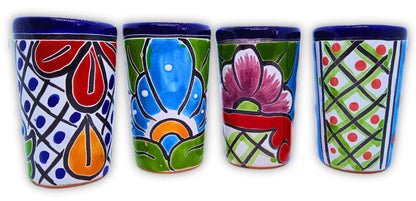 MEXTEQUIL - Talavera Shot Glasses Set of 4 Authentic Mexican Tequila Shot Glasses - Hand-painted - 2 Oz (Blue with Green)