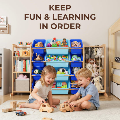 Toy Storage Organizer with Bookshelf and Stuffed Animal Storage - Kids Playroom Organization with Shelves and 12 Toy Bins - Toddler Living Room Toy Box for Lego - Nursery Bedroom Decor Essentials