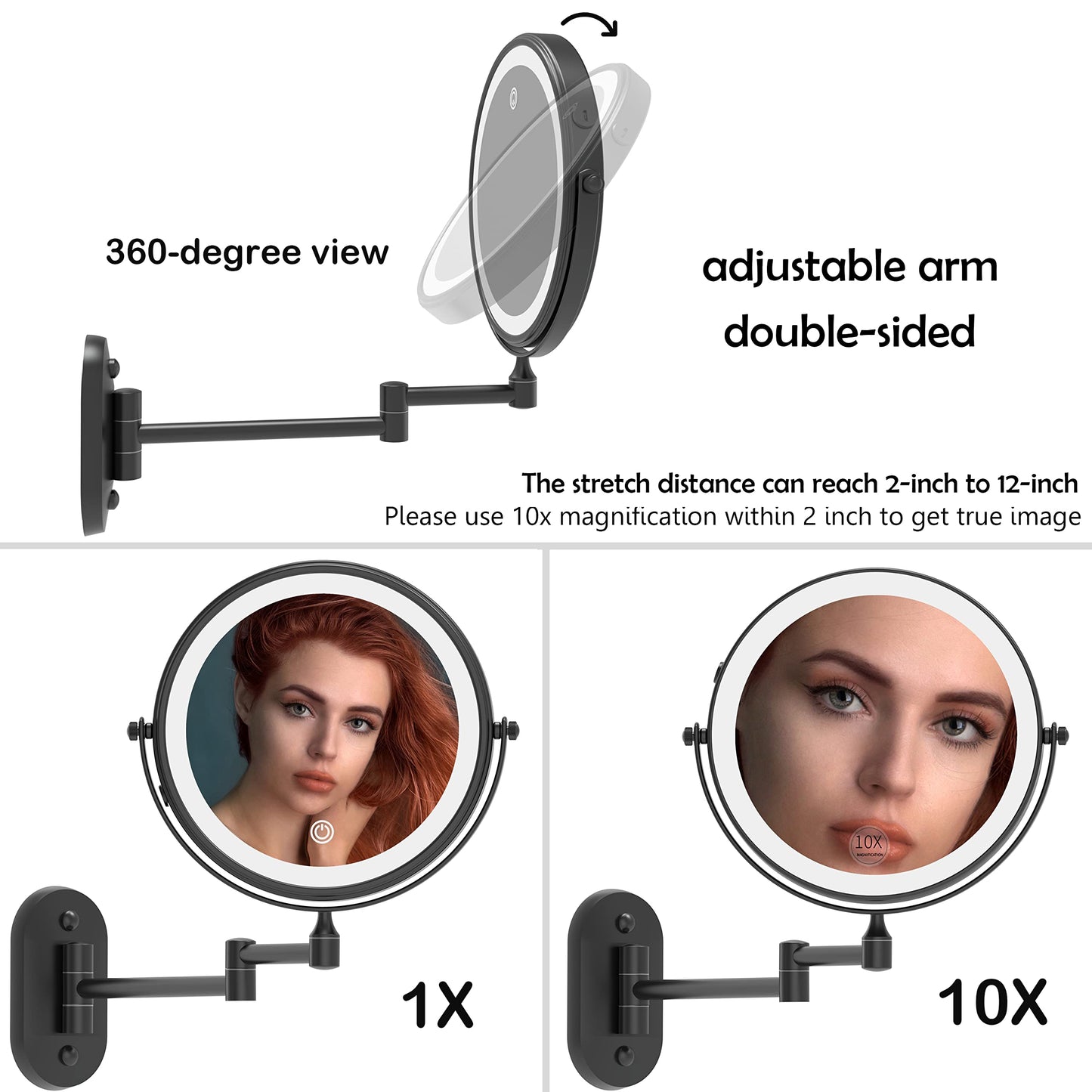 Ruacq Rechargeable Wall Mounted Makeup Mirror with Lights, Double Sided 1X/10X Magnifying Vanity Mirror with 3 Color Lighting, Touch Screen Dimmable, 360° Rotation Extension Foldable Arm(Matte Black)