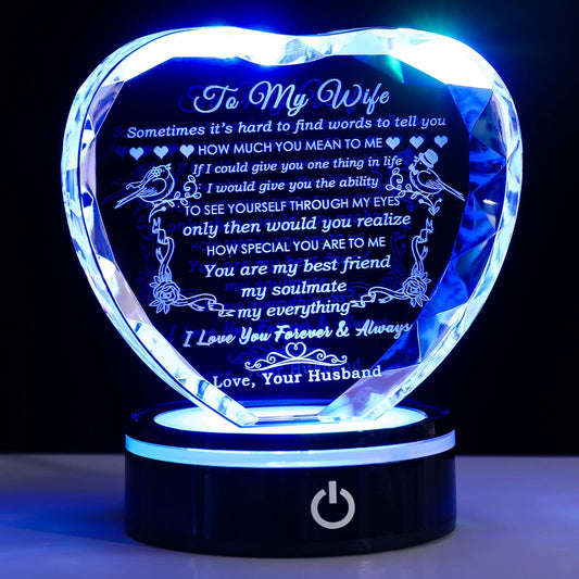YWHL Gifts for Wife with Colorful LED Base Romantic Wedding Anniversary I Love You Gifts for Her Best Wife Birthday Gift Ideas to My Wife Crystal Keepsakes Presents from Husband