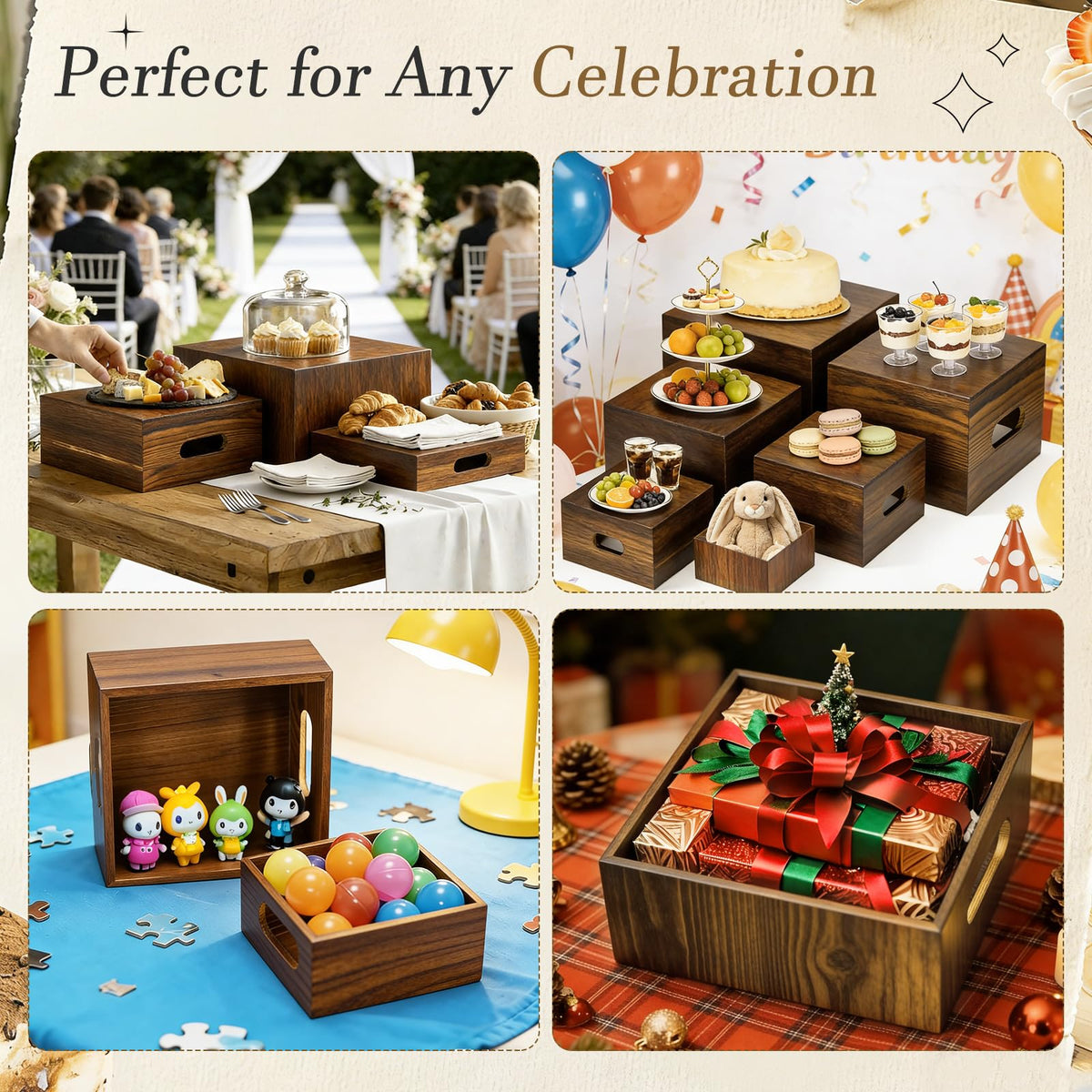 nplehome 8 Pack Buffet Risers Wood Display Stands Cupcake Stand Catering Supplies Buffet Display with Mini Signs Food Risers for Buffet Table Display Stand for Party, Wedding, Birthday