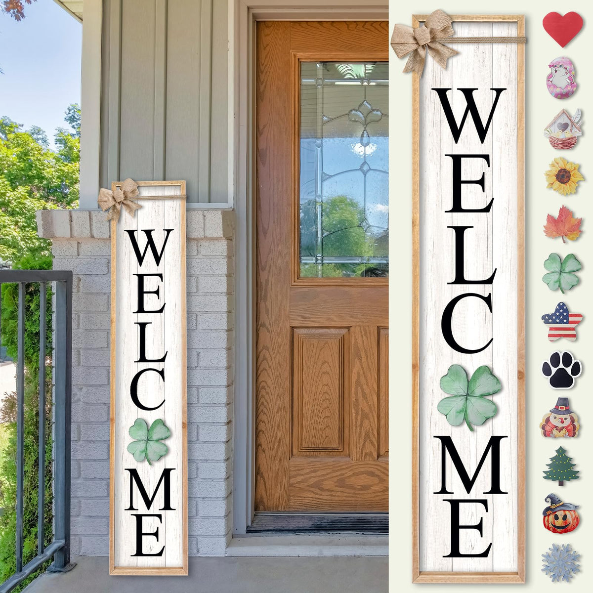 TQianJiang Interchangeable Welcome Sign for Front Porch Standing 45"X9" 12 Pcs Replaceable Signs Vertical Leaner Wood Framed Outdoor Decor (Wood White)