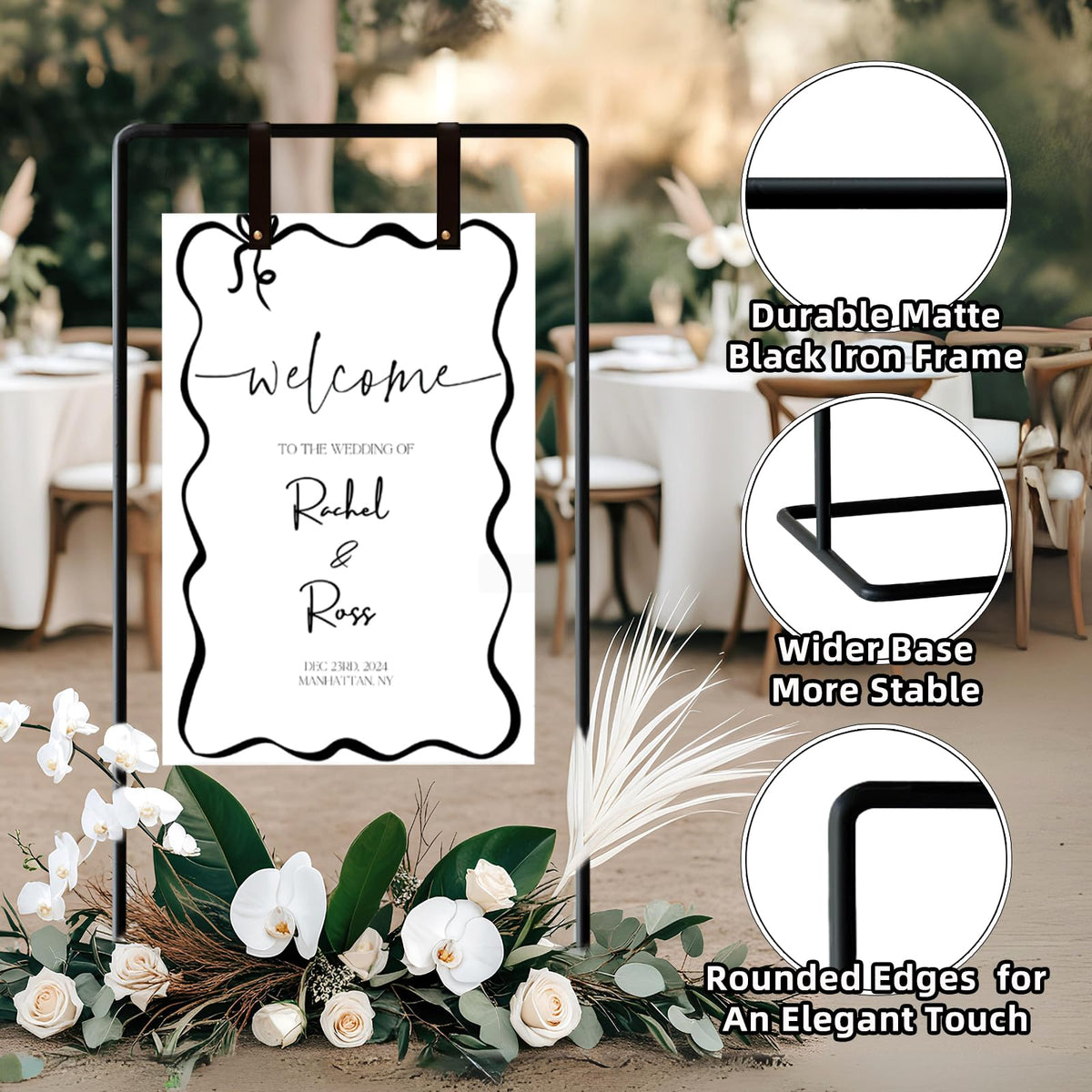 Wedding Sign Holder, Adjustable Welcome to Our Wedding Sign Stand W/Design Bundle & Leather Sign Hanging Straps, Heavy Duty Easel Stand for Sign, Wedding Seating Chart Stand, Easel for Display (Black)