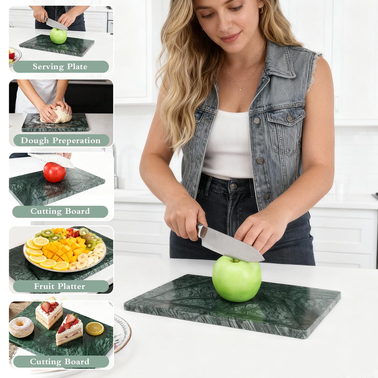 PracFit Marble Cutting Board for Kitchen- 12 * 8 Inch Handcrafted Marble Slab for Cheese, Charcuterie &Pastry & Deli – Non-Slip Feet,Rectangular Serving & Chopping Slab for Countertop(Green)