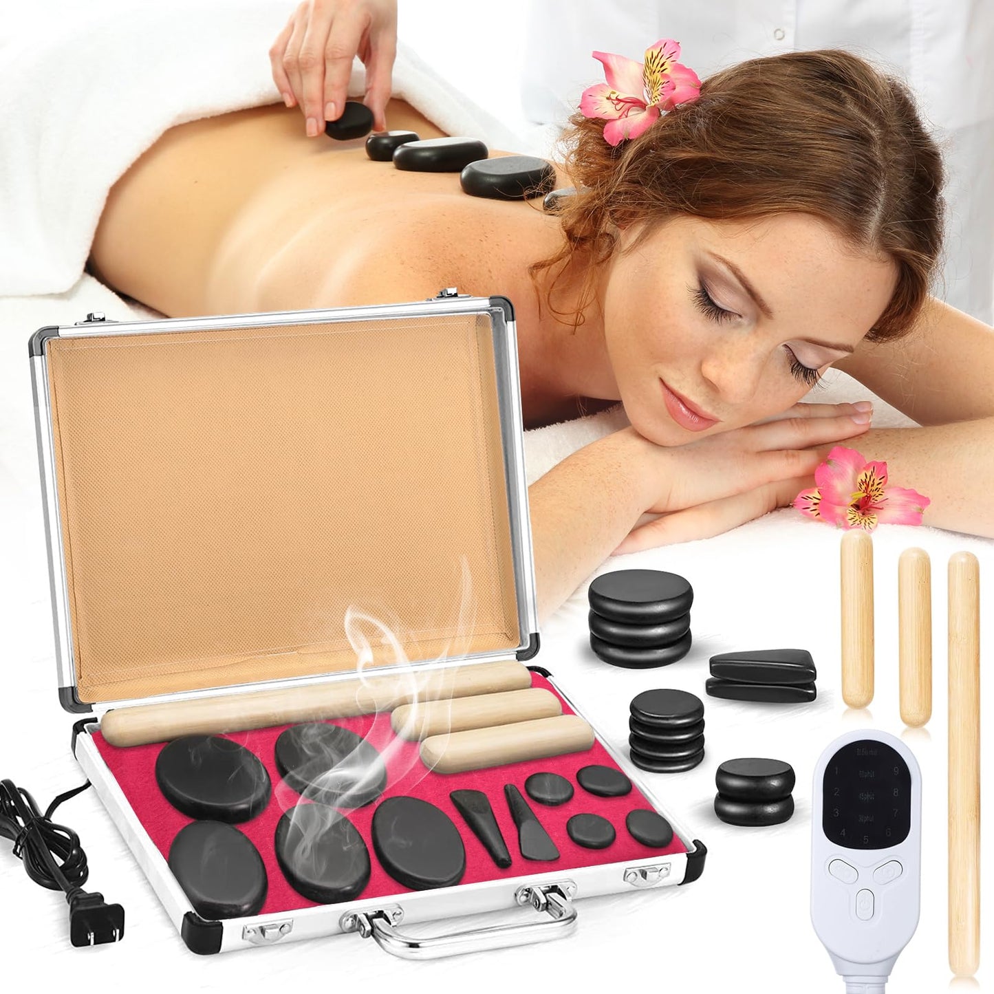 Yunsailing Hot Stones Massage Set with Warmer Kit Hot Rocks Massage Heater Kit with Adjustable Temperature Basalt for Home Spa, Pain Relief, and Relaxation (11 Stones and 3 Sticks)
