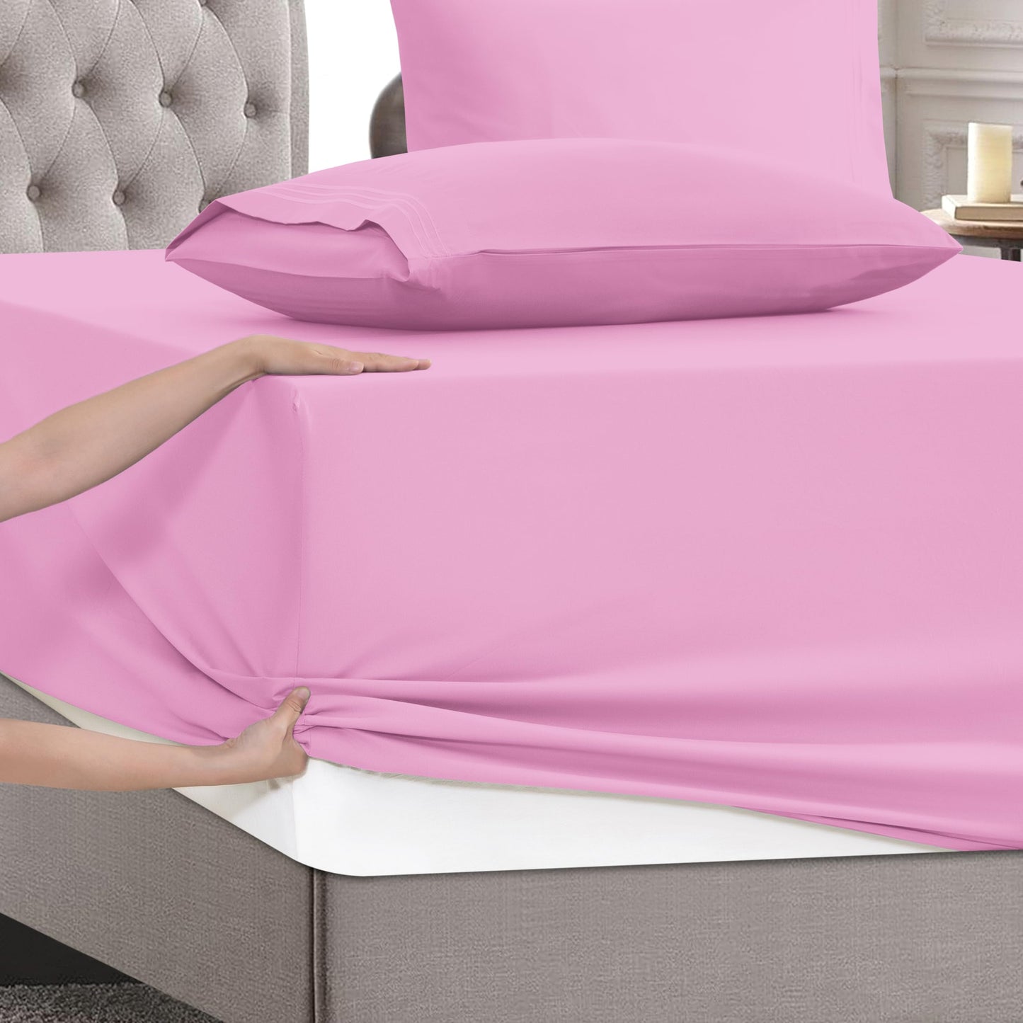 Mocassi Full Size 4-Piece Bed Sheet Set - 1800 Premium Hotel Quality Microfiber 18-24 Inches Extra Deep Pocket Fitted Sheet- Luxury Soft, Breathable, Wrinkle, and Fade Resistant, Light Pink