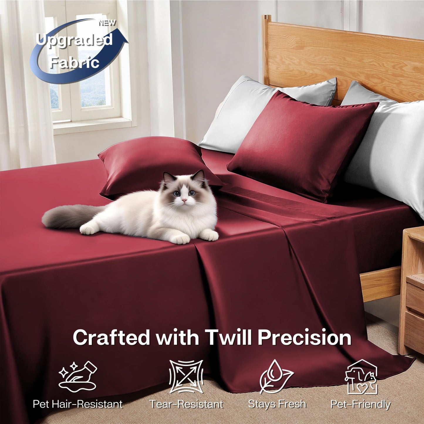 MR&HM Full Size Bed Sheets, 4-Piece Cooling Sheets, Rayon Derived from Bamboo & Polyester Blend, Soft & Silky, 15" Deep Pockets with Elastic Straps, Hotel Luxury for Hot Sleepers, Burgundy